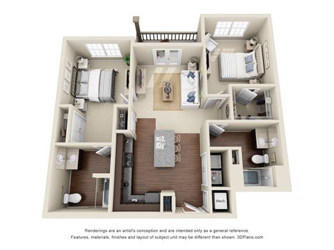 Floor plan for 2 beds, 2 baths, 1041 sqft